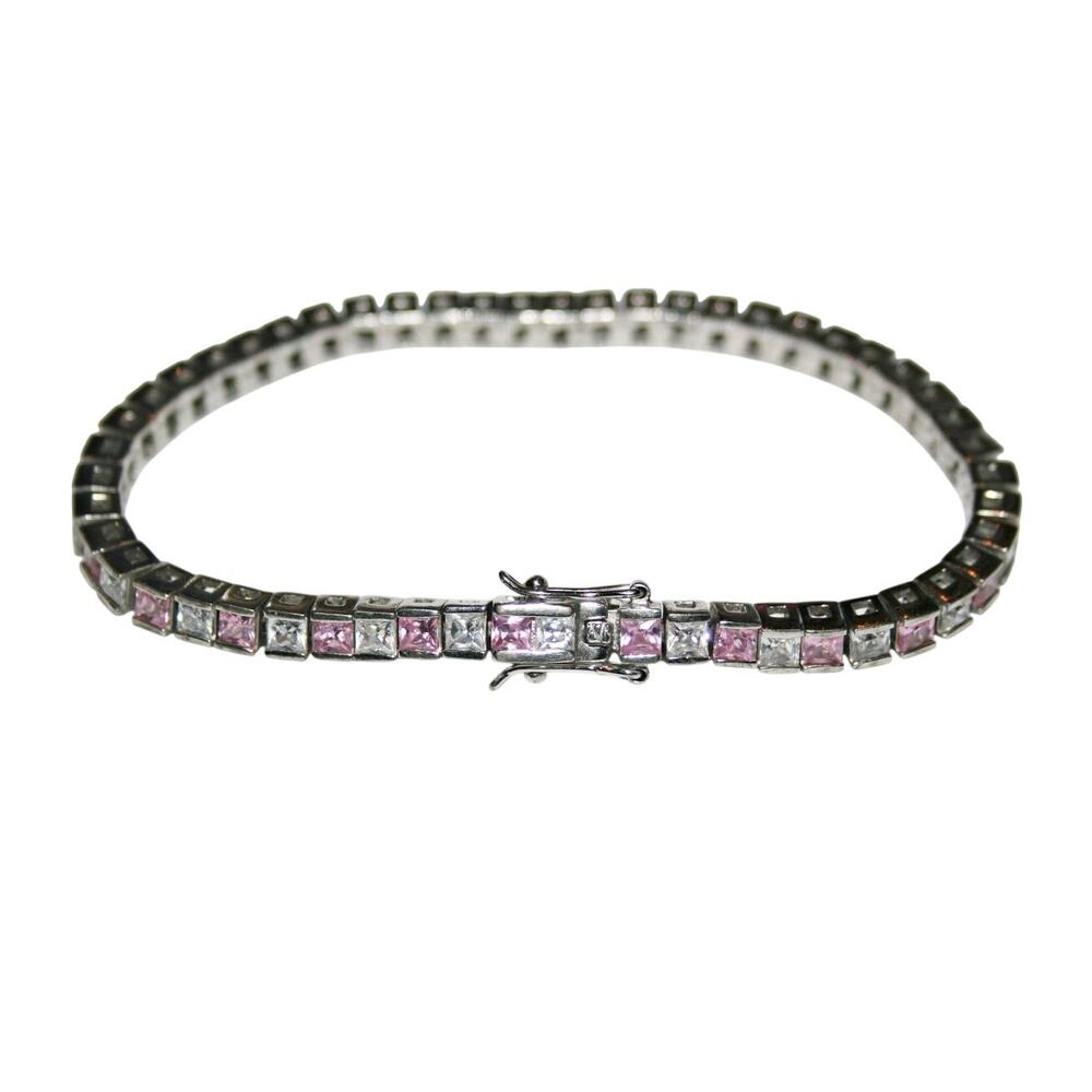 Vintage Clear and Pink Crystal Sterling Silver Tennis Bracelet